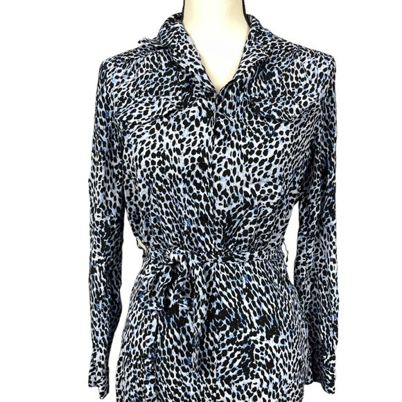 & Other Stories Shirt Dress Midi Blue Animal Print Long Sleeve Side Zip Belted - Picture 5 of 12